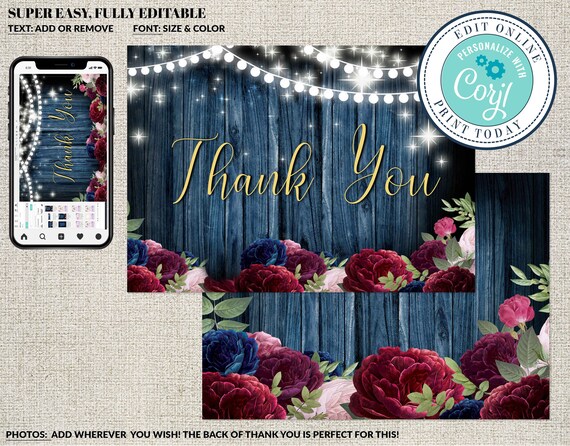 Editable Thank You Card Template,Burgundy and Navy Blue Flowers , Rustic Navy Floral Fall Editable Printable ,Instant Download, Corjl STD Il_570xn
