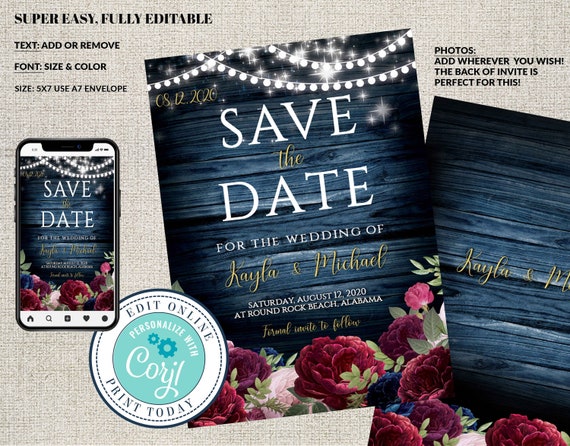 Editable Save the Date Template,Burgundy and Navy Blue Flowers , Rustic Navy Floral Fall Editable Printable ,Instant Download, Corjl STD Il_570xn