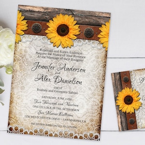 Sunflower Wedding Invitation Set, Rustic Sunflower Invites, Country Rustic Invitation, Barn Wood, Yellow Sunflower Flowers and Lace, Vintage