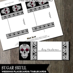 Zuckerschädel Day of the Dead-Dia De Los Muertos Hochzeit Tischkarten, Tischkarten Tischzelt Tischkarten, Tischkarten zum Digitaldruck, Calaveras Skulls