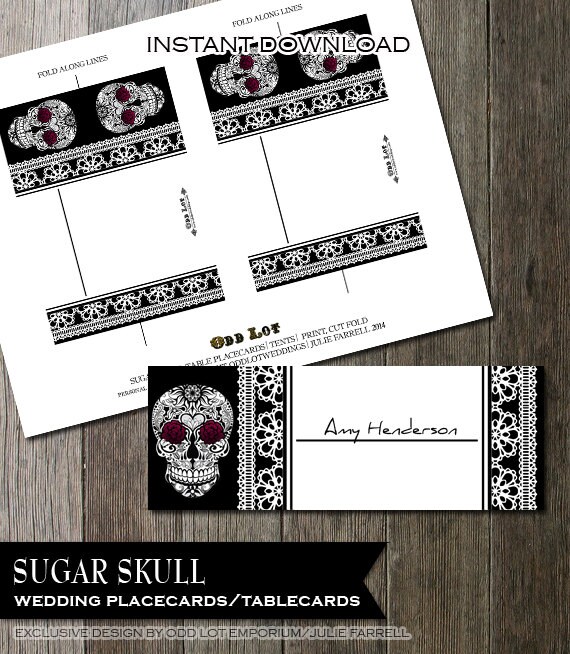 Sugar Skull Day of the Dead-Dia De Los Muertos Wedding Placecards, Digital Printable Wedding Placecard Table tent Cards, Calaveras Skulls Il_570xn