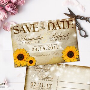 Rustikale Sonnenblume Save the Date Postkarten, Gelbe Sonnenblume Save the Date, vintage rustikal, DRUCKBARE digitale Datei oder gedruckte 4x6 Postkarte