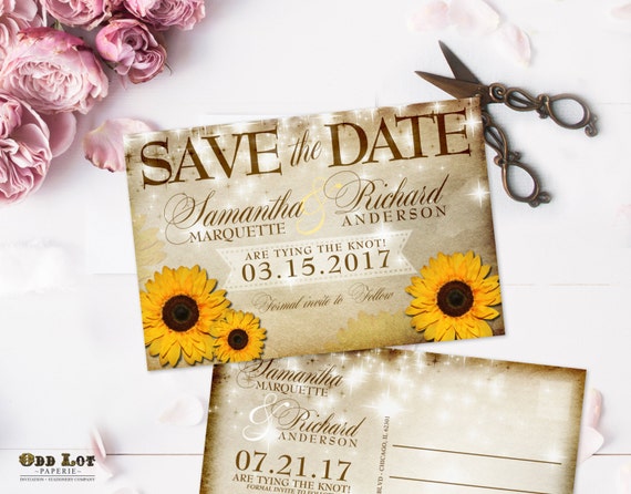 1-Rustic Sunflower Save the Date Postcards, Yellow Sunflower Save the Date, vintage rustic, PRINTABLE Digital File or Printed 4x6 Postcard Il_570xn