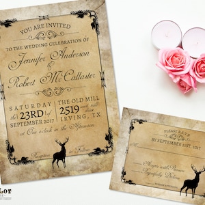 Rustico Kraft Deer Invito di nozze autunnale Invito di nozze RSVP Set Fai da te Invito stampabile Woodsy Matrimonio all'aperto Matrimonio all'aperto Cervo Corna Matrimonio