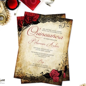 Quinceanera Invitations Sweet 16 Invitations, Red Rose and Black Lace,  Sweet Sixteen Party, Milestone Birthday Invitations Vintage Gothic