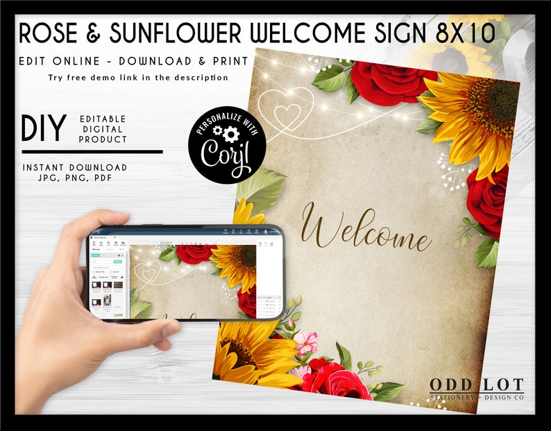 Editable Custom Sign, Printable Sign, Welcome Sign, Sunflowers and Roses, Rustic Wedding Sign, DIY Corjl Instant Download image 3
