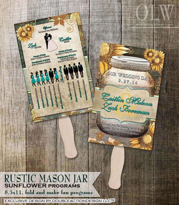 Mason Jar Sunflower Fold Over Programs to make fans with - Send me wording I customzie you print! Wedding Favors Il_570xn