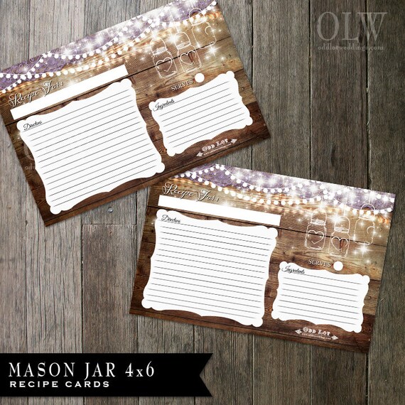 Rustic Mason Jar Recipe Cards | Wood and hanging lights | Rustic bridal shower party printable | DIY Recipe Card Printable Il_570xn