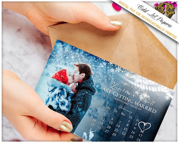 Winter Save the Date Postcard, Snowflake Save The Date, Winter Wedding Card, PRINTABLE Digital File or Printed 4x6 Postcard, Deer Photo Il_570xn