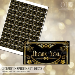 Etiqueta Art Déco inspirada em Gatsby, etiqueta de agradecimento DIY Avery para imprimir você mesmo em ouro e preto, etiqueta de agradecimento para impressão, arquivo digital da década de 1920