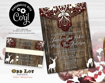 Rustic Wedding Invitation Set,Wedding Invitation template, Deer Wedding Suite, Burgundy Wedding Invitation , Buck & Doe Wedding, DIY Wedding