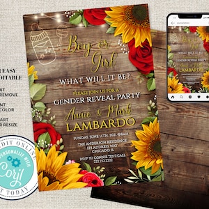 Sunflower and Roses Baby Shower Invitation, Gender Reveal, Editable Baby Announcement, Boy or Girl , Digital, Corjl INSTANT DOWNLOAD, diY