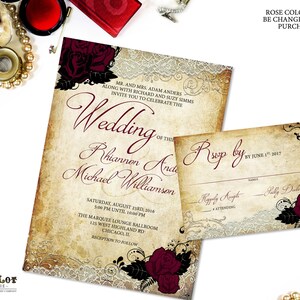 Rose Wedding Invitations Set Vintage Background with lace and red rose flowers Digital Printable Wedding Stationery Set Rustic Vintage DIY image 2