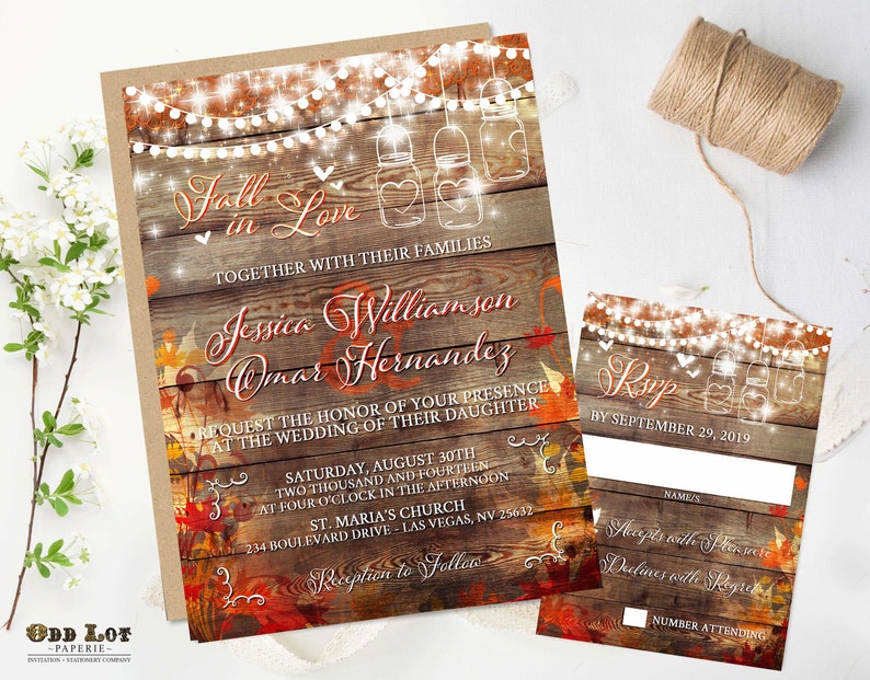 Fall in Love Rustic Wedding Invitation, Mason Jar Wedding, Fall Wedding, Autum Leaves Printed Wedding Invitation Set, Free white envelopes image 6