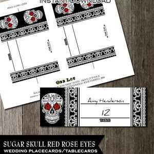 Sugar Skull Jour des Morts | Marque-places de mariage Dia De Los Muertos | Cartes de tente de table de marque-place de mariage imprimables numériques | Yeux de roses rouges
