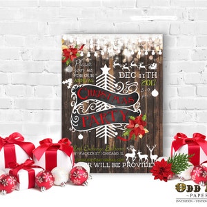 Invitaciones de Navidad rústicas, tarjetas de Navidad imprimibles, invitación de vacaciones, invitación de invierno imprimible, tablones de madera, nieve, árbol de Navidad DIY