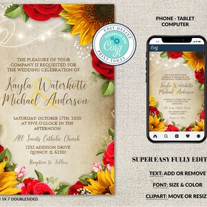 Rose & Sunflower Wedding Invitation with Parchment Background. Sunflowers and Roses Editable Invite, Red Roses, Editable Corjl File, DIY image 4