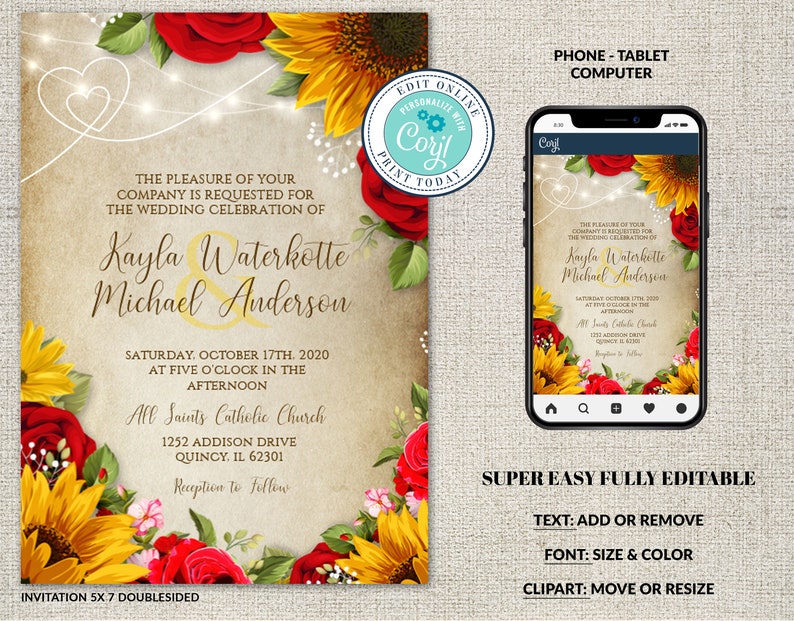 Rose & Sunflower Wedding Invitation with Parchment Background. Sunflowers and Roses Editable Invite, Red Roses, Editable Corjl File, DIY image 4