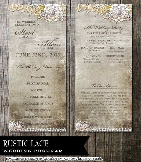 Rustic Light Lace Wedding Program - Double Sided- Digital Printables. Burlap, lace and vintage elements for that rustic country wedding. Il_570xn