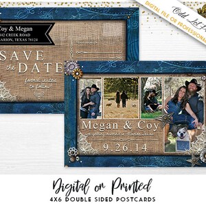 Country Rustic Save the Date, cartão de casamento rústico, jeans e renda, colagem de fotos, cartões postais de data, anúncio impresso ou para impressão