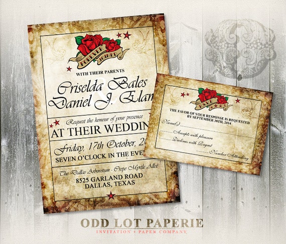 Rose Tattoo Wedding Invitation and RSVP - Digitable Printable Rocker Rockabilly Distressed Paper-Roses-Swallow Bird Wedding Invite Set Il_570xn