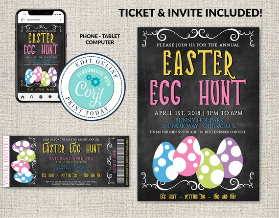 Easter Egg Hunt Ticket and Invitation, Easter Ticket, Easter Party Invitation, Birthday, Spring, Editable Ticket, Corjl, DIY Party Invite Il_570xn