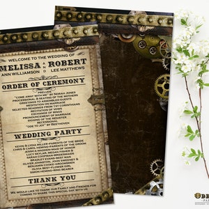 Steampunk Wedding Program Leather and gears wedding program, Offbeat wedding, Printable Order of Ceremony Program, Steampunk Wedding
