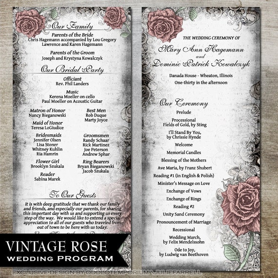 Vintage Rose Wedding Program - Double Sided- Digital Printables or Professionally Printed Rose Flower Il_570xn