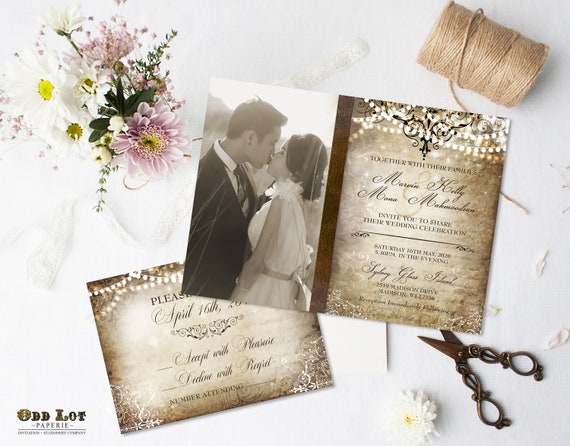 Old World Wedding Invitation Travel wedding invites Old-World Romantic Vintage Photo Wedding Invite + RSVP Printable Wedding Twinkle Lights Il_570xn