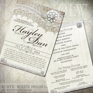 Rustic White Wood Lace Wedding Program Rustic White Wood Lace, Floral wedding, Rustic Wedding Country rustic lace DIY Printable Program image 1