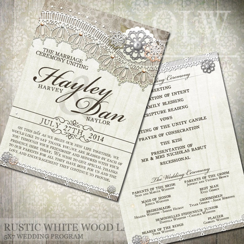 Rustic White Wood Lace Wedding Program Rustic White Wood Lace, Floral wedding, Rustic Wedding Country rustic lace DIY Printable Program image 1