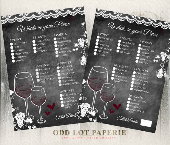 Chalkboard Bridal Shower Game | What's In Your Purse | Printable Game Card, Printable Game | vineyard or Wine Tasting DIY Game Card Il_570xn