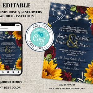 Wedding Invitation Template, Rustic Navy Blue Wood with Sunflowers & Roses Invitation Suite, Burgundy,  Wedding Invite Editable Corjl File