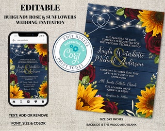 Wedding Invitation Template, Rustic Navy Blue Wood with Sunflowers & Roses Invitation Suite, Burgundy,  Wedding Invite Editable Corjl File