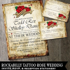 Rockabilly Hochzeit Einladung Tattoo Rose Hochzeit Einladung Rustikale Vintage Einladung DIY Hochzeit Einladung Offbeat Hochzeit Einladung