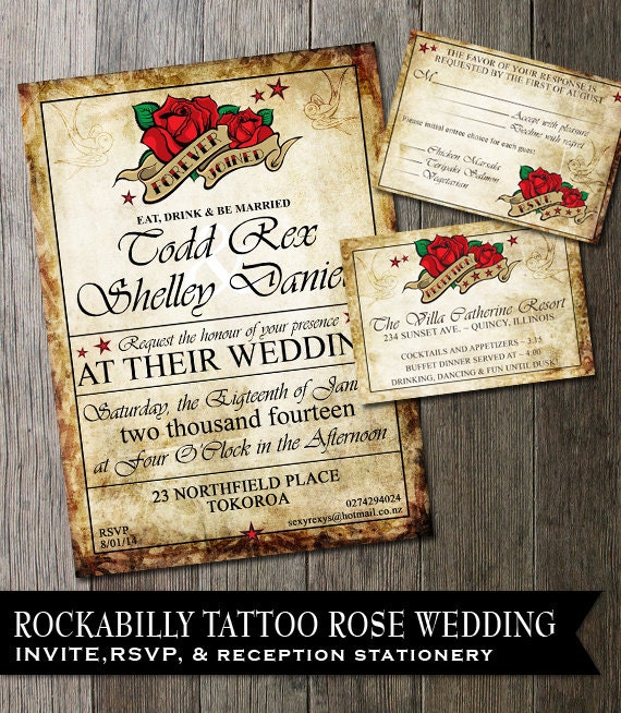 Rockabilly Wedding Invitation Tattoo Rose Wedding Invite Rustic Vintage Invitation DIY Wedding Invitation Offbeat Wedding Invite by Odd Lot Paperie