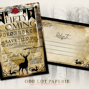 Cartão postal de festa de aniversário com inspiração medieval para impressão, salve a data, convite de festa DIY Medieval, casa de, aniversário, cartões de cervos para impressão