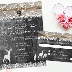 Hirsch Hochzeitseinladungen Set, rustikale Hochzeitseinladungen, Sackleinen und Spitze rustikalen Holz, druckbare Hochzeitseinladungen, Land rustikale einladen