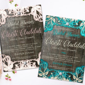 Encaje novia ducha invitación rústica novia ducha invita a la boda rústica ideas de la boda madera y encaje imprimible invitación ducha nupcial invitar a bricolaje