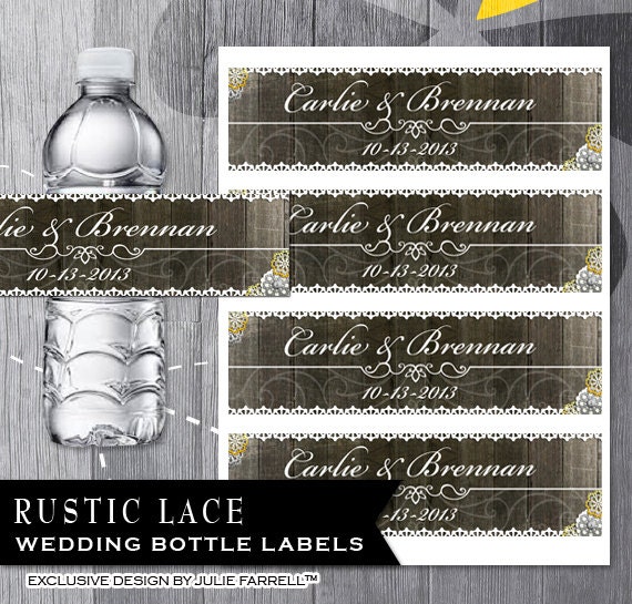 Rustic Wedding Water Bottle Labels -Rustic wood with lace and flowers-personalization available-flower colors can be changed. Il_570xn
