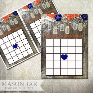 Juego de bingo rústico Mason Jar Bridal Shower - 5x7 - 2 en una hoja - ¡Rellene los espacios en blanco! Juego de fiesta de color melocotón y lila para despedida de soltera