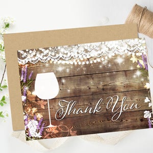 Rustic Bridal Shower Thank You Cards, Vineyard Wedding Shower Greeting Cards, Wine Tasting, Lavender, Printable Thanks, DIY Invite, Lace image 2