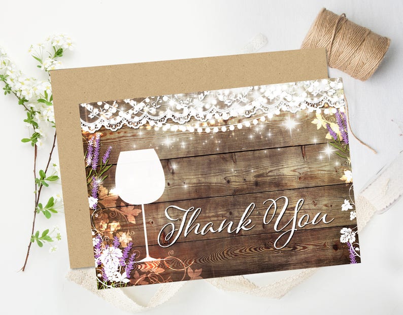 Rustic Bridal Shower Thank You Cards, Vineyard Wedding Shower Greeting Cards, Wine Tasting, Lavender, Printable Thanks, DIY Invite, Lace image 2