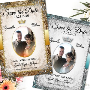 Fairytale Wedding Save the Date Printable ornate Gold or Silver Wedding Invite Crown Fairytale Princess DIY Printable Photo Announcement