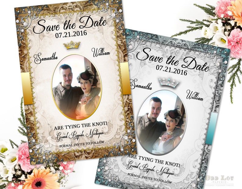 Fairytale Wedding Save the Date Printable ornate Gold or Silver Wedding Invite Crown Fairytale Princess DIY Printable Photo Announcement image 1