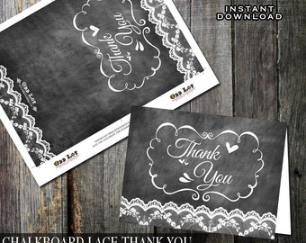 Chalkboard Thank you Cards, Lace Thank you Cards, Printable thank you cards, Rustic Thank You Cards, DIY Greeting Card , Black & White