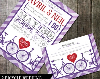 Hipster Wedding Invitation, Bicycle Wedding Invitation, DIY Printable Wedding Invite, Bicycles, Hearts and Chevron Pattern, Modern Invite