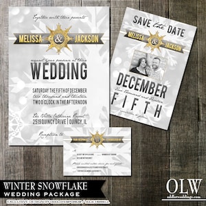 Snowflake Winter Wedding Invitation and RSVP Cards DIY Digital Printable Wedding Set Gold and Silver Snowflakes Bokeh Christmas Winter