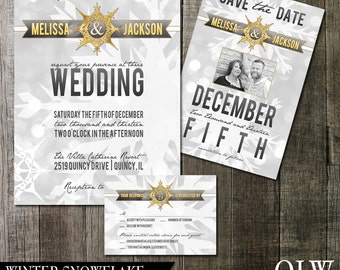 Snowflake Winter Wedding Invitation and RSVP Cards DIY Digital Printable Wedding Set Gold and Silver Snowflakes Bokeh Christmas Winter