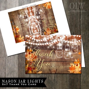 Tarjeta de agradecimiento Mason Jar, saludo de agradecimiento imprimible, tarjeta de agradecimiento de hojas de otoño rústicas, tablón de madera y hojas de otoño, tarjeta doblada de bricolaje